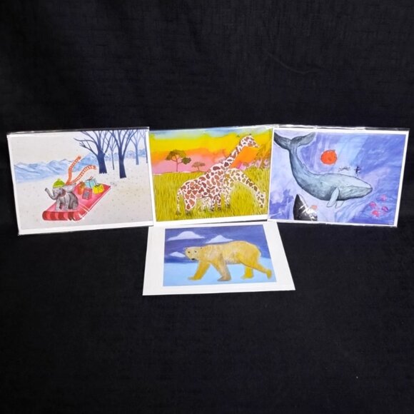 Set of 4 Watercolor Print Animal Themed Blank Greeting Cards W Envelopes - Picture 1 of 9
